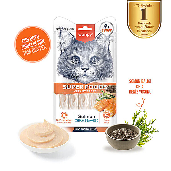 Wanpy Superfood Somonlu Chia ve Deniz Yosunlu Krema Kedi Ödülü 14gr (5'li) - 1