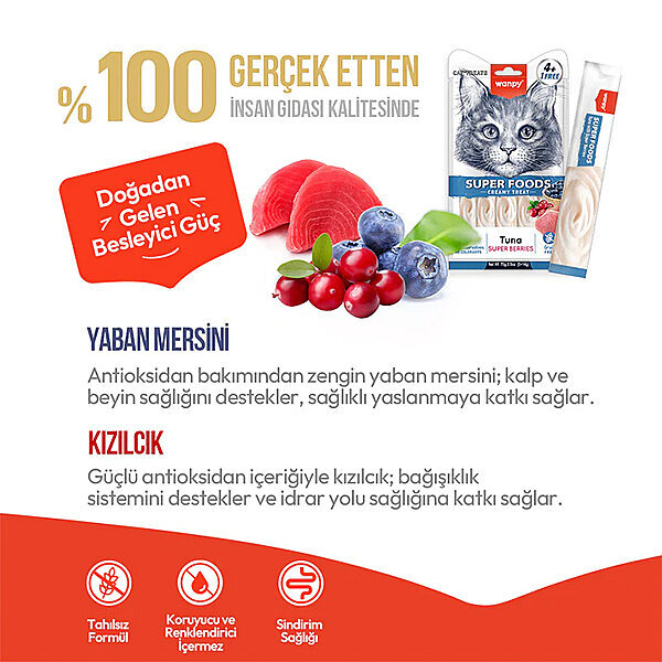 Wanpy Superfood Ton Balıklı Yaban Mersinli ve Kızılcıklı Krema Kedi Ödülü 14gr (5'li) - 3