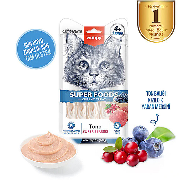 Wanpy Superfood Ton Balıklı Yaban Mersinli ve Kızılcıklı Krema Kedi Ödülü 14gr (5'li) - 1