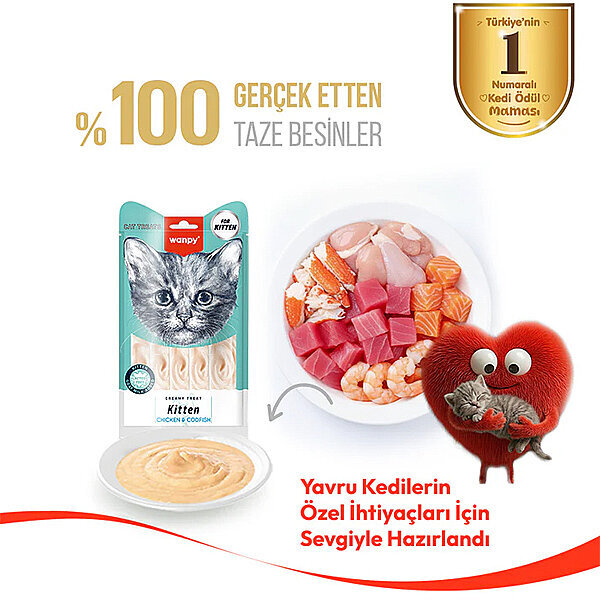 Wanpy Tavuklu ve Morina Balıklı Krema Yavru Kedi Ödülü 14gr (5'li)