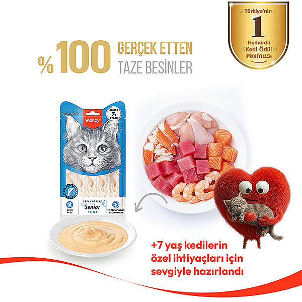 Wanpy Ton Balıklı 7+ Yaşlı Kediler İçin Krema Kedi Ödülü 14gr (5'li)