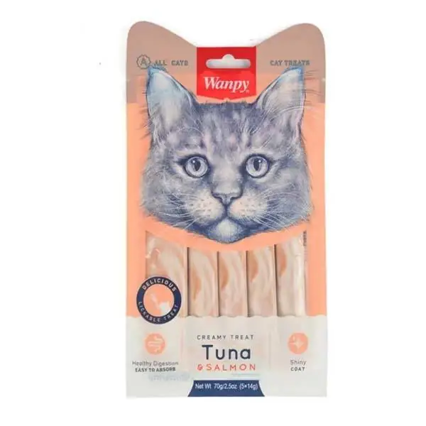 Wanpy Ton Balığı ve Somonlu Tüy Sağlığı Destekleyici Sıvı Kedi Ödül Maması 14gr (5'li) - 1