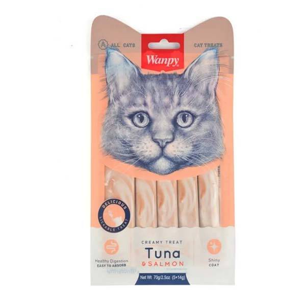 Wanpy Ton Balıklı ve Somonlu Tüy ve Deri Desteği Krema Kedi Ödül Maması 14 g (5'li) - 1