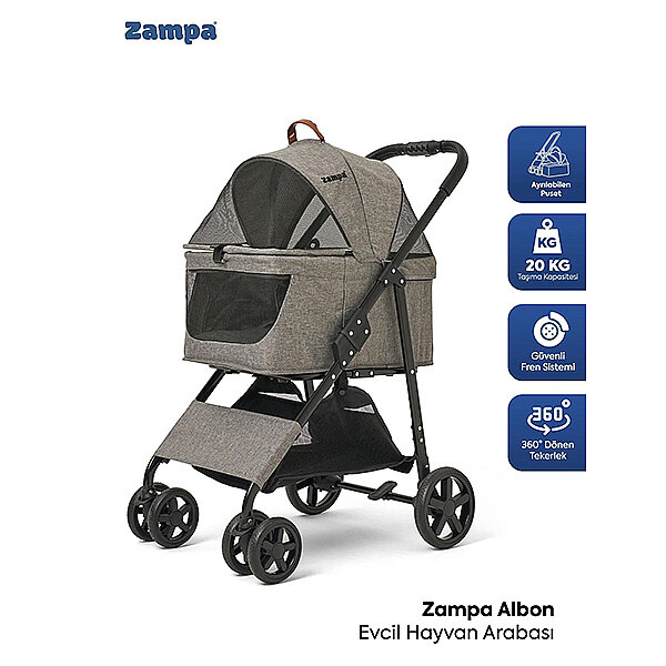 Zampa Albon Kedi ve Köpek Taşıma Arabası 53 x 77 x 100 cm (Gri)