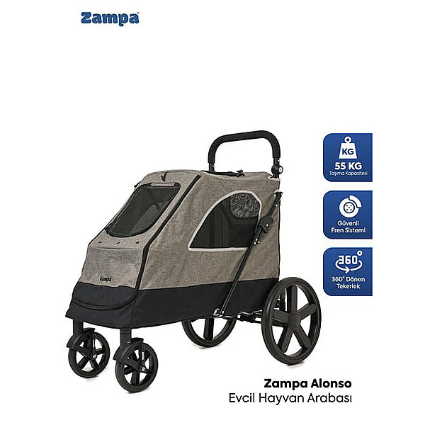 Zampa Alonso Kedi ve Köpek Taşıma Arabası 60 x 97 x 111 cm (Gri)