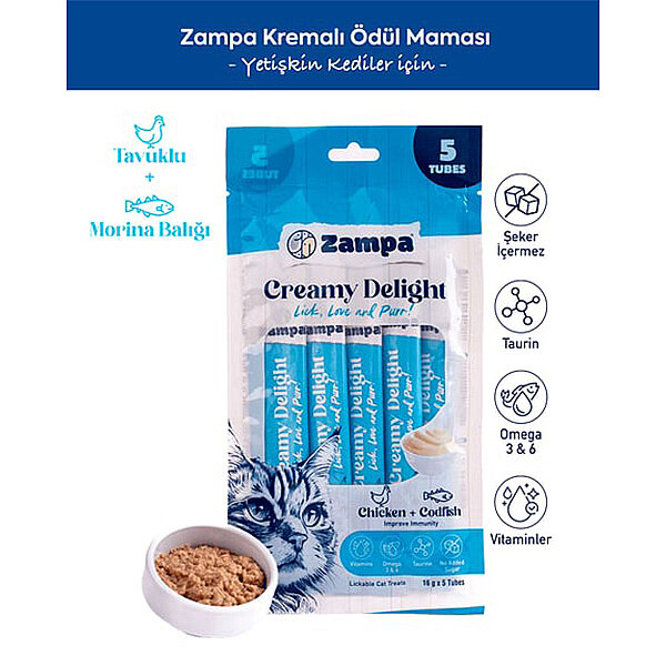 Zampa Creamy Delight Tavuklu ve Morina Balıklı Kedi Krema Ödülü 16 g (5'li Paket)