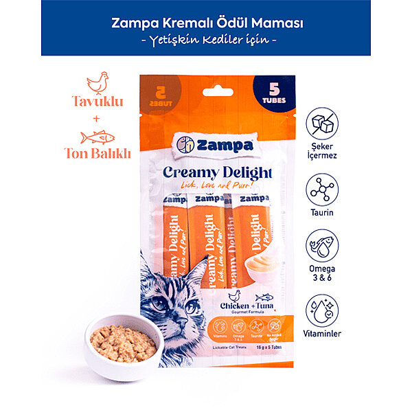 Zampa Creamy Delight Tavuklu ve Ton Balıklı Kedi Krema Ödülü 16 g (5'li Paket)