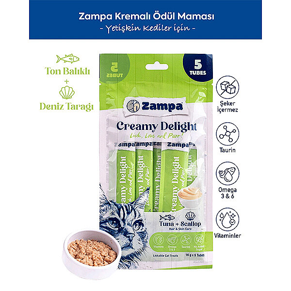 Zampa Creamy Delight Ton Balıklı ve Deniz Tarağı İçeren Kedi Krema Ödülü 16 g (5'li Paket) - 1
