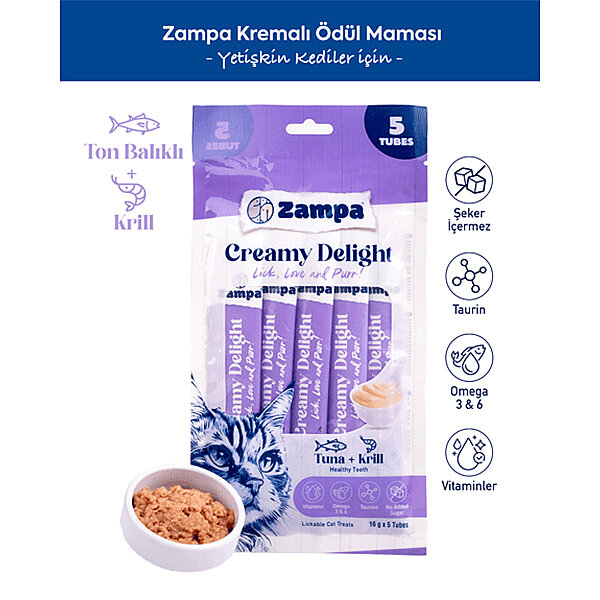 Zampa Creamy Delight Ton Balıklı ve Krill İçeren Kedi Krema Ödülü 16 g (5'li Paket)
