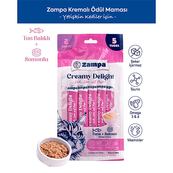Zampa Creamy Delight Ton Balıklı ve Somonlu Kedi Krema Ödülü 16 g (5'li Paket)