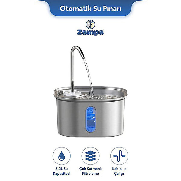 Zampa Kare Paslanmaz Çelik Otomatik Su Pınarı 2,8 L