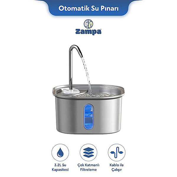 Zampa Kare Paslanmaz Çelik Otomatik Su Pınarı 2,8 L - 1
