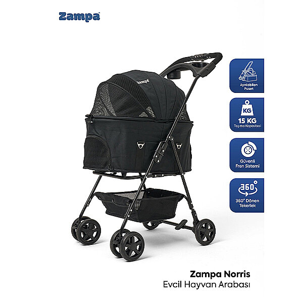 Zampa Norris Kedi ve Köpek Taşıma Arabası 46 x 83 x 105 cm (Siyah) - 1