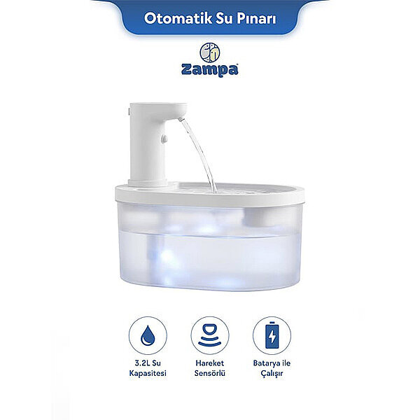 Zampa Oval Pet Bataryalı Otomatik Kedi ve Köpek Su Pınarı (Beyaz)