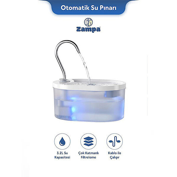 Zampa Oval Pet Otomatik Kedi ve Köpek Su Pınarı (Beyaz)