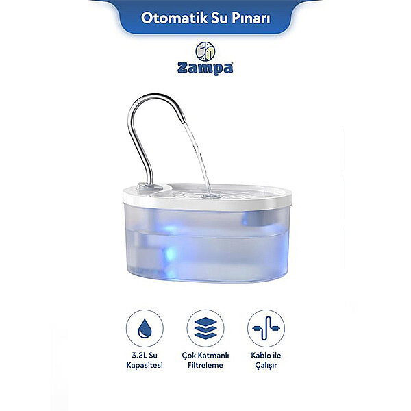Zampa Oval Pet Otomatik Kedi ve Köpek Su Pınarı (Beyaz) - 1