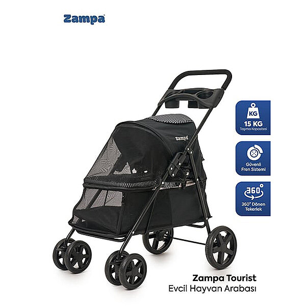 Zampa Tourist Kedi ve Köpek Taşıma Arabası 46 x 85 x 91,5 cm (Siyah)