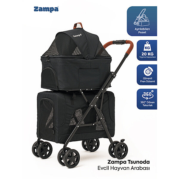 Zampa Tsunoda Kedi ve Köpek Taşıma Arabası 50 x 83 x 102 cm (Siyah)
