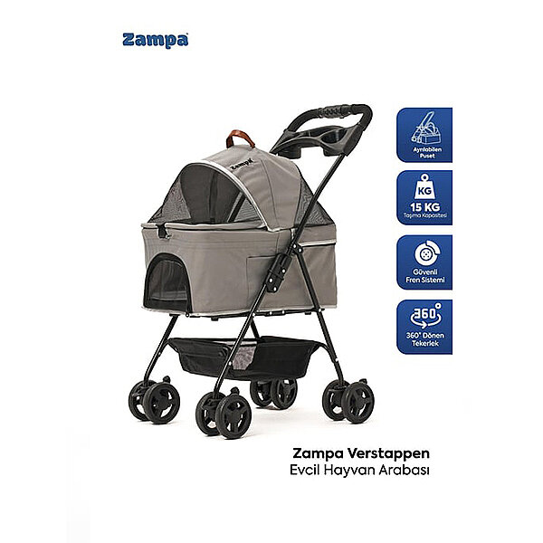 Zampa Verstappen Kedi ve Köpek Arabası 45 x 64 x 96 cm (Gri)